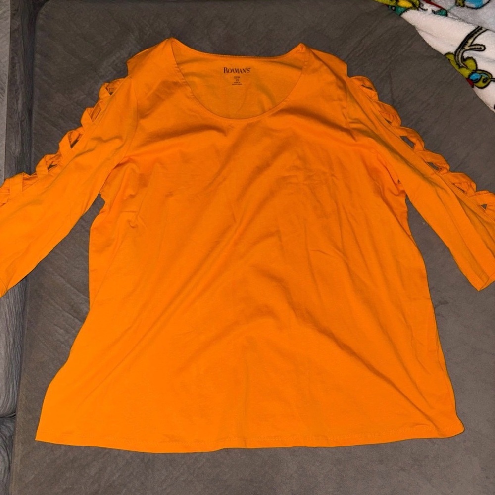 Roaman's Vibrant Orange Long Sleeve Top with Cut-Out Details